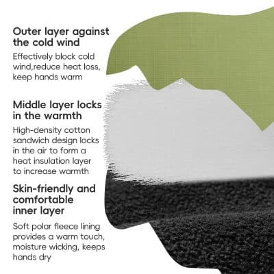 Warm winter gloves with layered insulation for cold weather.