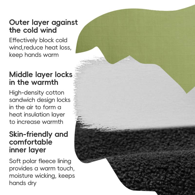 Warm winter gloves with layered insulation for cold weather.