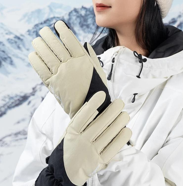 Wool winter gloves for women in snowy mountain landscape, thermal outdoor gloves for cold weather, Monalisa Store winter accessories.