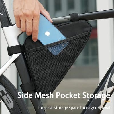 Black bicycle frame side mesh pocket with a blue smartphone inside, attached to the bike's frame for convenient storage.