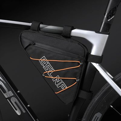 Slate black bike frame bag with orange elastic cords for secure storage on monalisa store website.