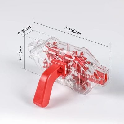 Precision wire stripping tool for optoelectronics and fiber optic cables, compact transparent plastic design with red handle, measuring approximately 150mm x 72mm x 30mm.