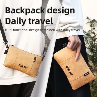 Light brown travel backpacks with adjustable straps, stylish and functional for daily trips, seen on fashionable individuals outdoors.