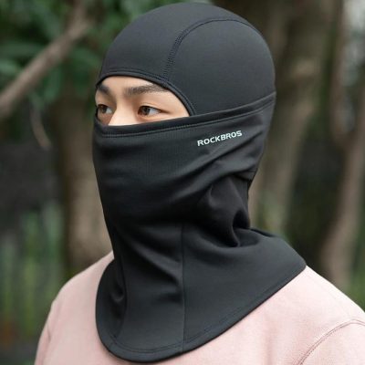 Warm outdoor sports face mask, black neck gaiter for biking, running, hiking; breathable, UV protection, moisture-wicking, windproof, lightweight, versatile for active lifestyles.