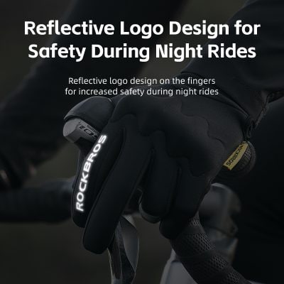 Reflective logo design on cycling gloves for increased safety during night rides.