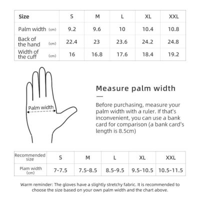 Gloves size chart with palm width measurements and fitting instructions from Monalisa Store, ideal for selecting the perfect fit for your hand size.