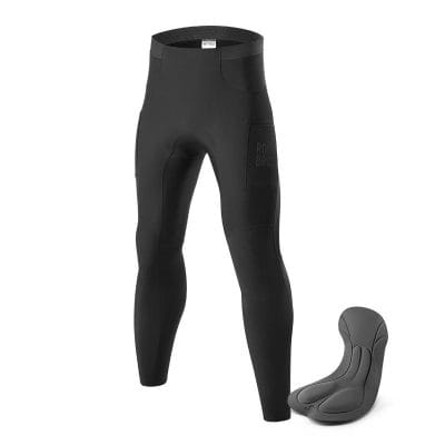 Comfortable black compression tights with built-in padding for cycling or outdoor sports, paired with ergonomic bike seat for enhanced performance and comfort.