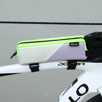High-quality bicycle frame bag with neon green accents, ideal for cycling accessories, mounted on a white bike frame. Durable and lightweight for outdoor sports.