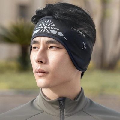 Stylish black headband with reflective graphics, perfect for outdoor sports and fitness activities, offering comfort and style for active individuals.