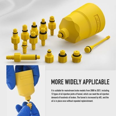 Yellow brake oil injector kit and funnel for automotive brake system maintenance with text about oil injection joints and compatibility.
