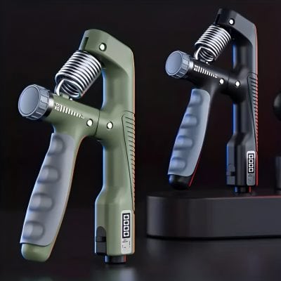 High-tech digital trigger devices with ergonomic grips, designed for precision in medical or fitness applications. Modern, innovative tools showcased in sleek black and green models.