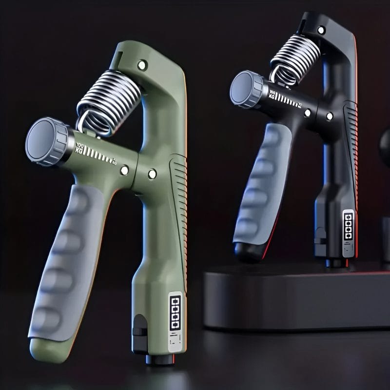 High-tech digital trigger devices with ergonomic grips, designed for precision in medical or fitness applications. Modern, innovative tools showcased in sleek black and green models.