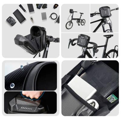 Waterproof bike storage bag with multiple compartments for organizing accessories and electronics. Suitable for electric bicycles, featuring secure zippers and durable materials.