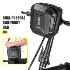 Waterproof bike handlebar bag, dual-purpose front storage for cycling gear, suitable for E-bike commuters and outdoor cyclists.