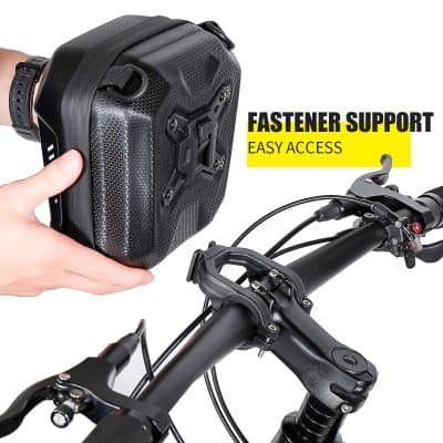 Durable motorcycle handlebar storage bag with fastener support for secure attachment, ideal for outdoor travel and riding accessories.