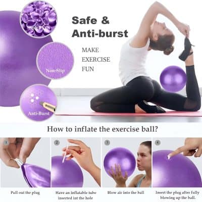 Purple exercise ball, yoga ball, anti-burst PVC gym ball for fitness and physical therapy, non-slip grip, safe and durable workout equipment, ideal for stretching and core exercises.