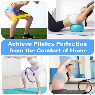 Squat exercise resistance band, woman doing Pilates stretch on exercise ball, Pilates workout with hula hoop, fitness woman performing stretching exercise at home for Pilates training.