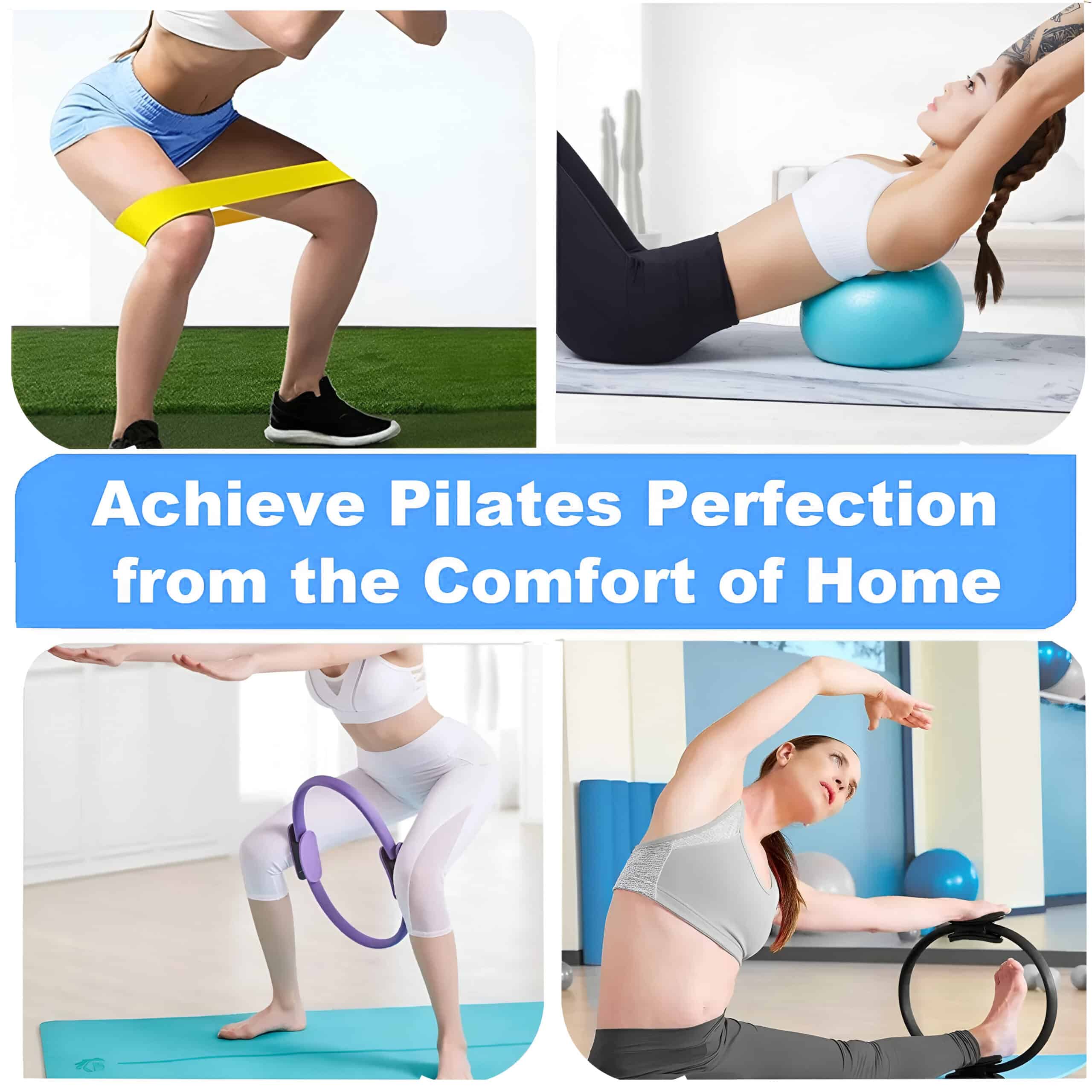 Squat exercise resistance band, woman doing Pilates stretch on exercise ball, Pilates workout with hula hoop, fitness woman performing stretching exercise at home for Pilates training.