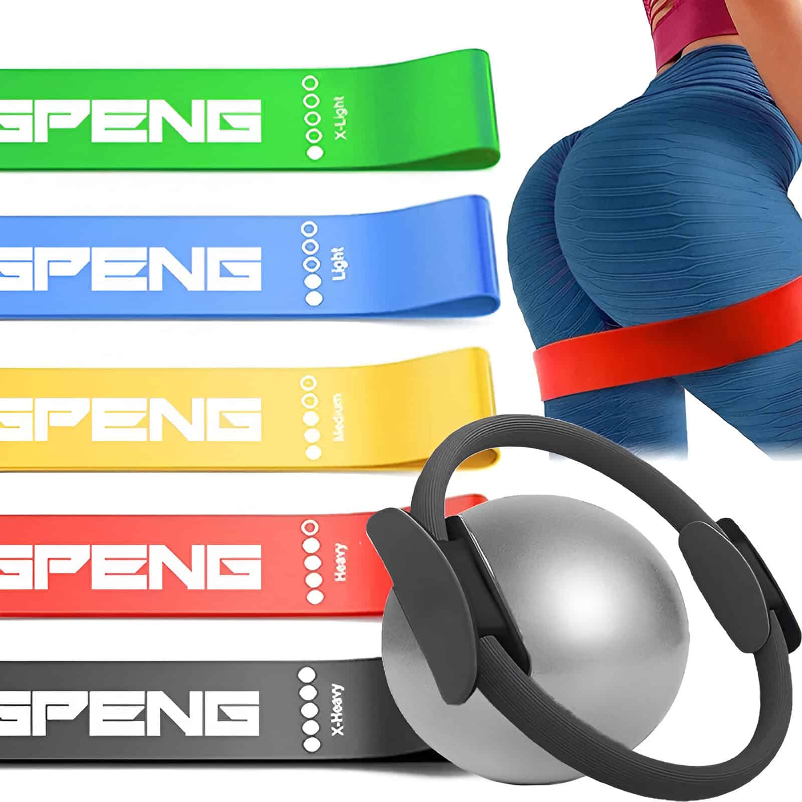 Resistance bands in multiple colors with the Monalisa Medical logo for fitness and physical therapy exercises. Includes a medicine ball and a woman performing a workout using these gym accessories.