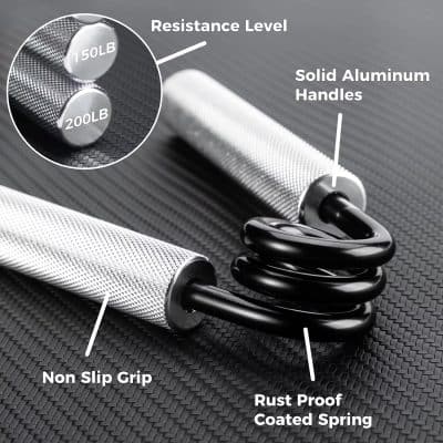 Stainless steel hand grip with resistance level labels, solid aluminum handle, rust-proof coated spring, and non-slip textured grip for weightlifting and strength training equipment.