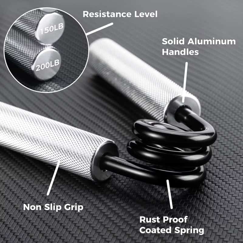 Stainless steel hand grip with resistance level labels, solid aluminum handle, rust-proof coated spring, and non-slip textured grip for weightlifting and strength training equipment.