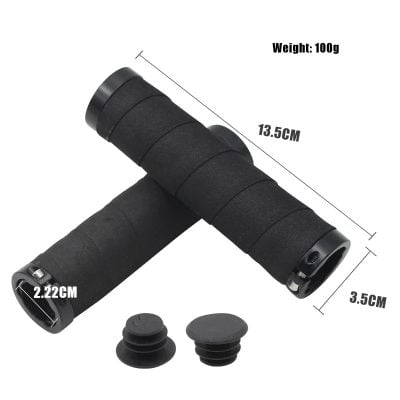 Comfortable black bicycle handlebar grips, 13.5cm long, with ergonomic design, durable foam material, and secure locking end caps for enhanced grip and safety during cycling.
