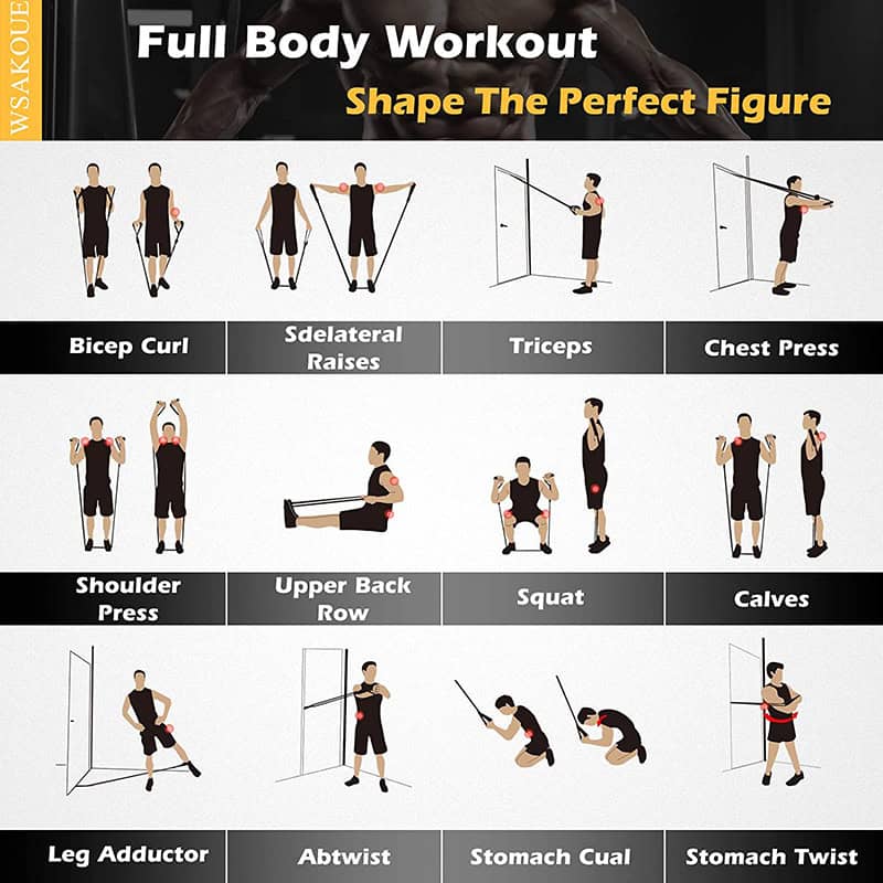 Full body workout exercises for shaping the perfect figure at Monalisa Store, including bicep curl, lateral raises, triceps, chest press, shoulder press, upper back row, squat, calves, leg adductor, abtwist, stomach cula, and stomach twist.
