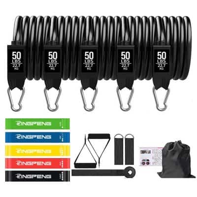 Heavy-duty resistance bands with handles for strength training and crossfit workouts, includes door anchor, ankle straps, carrying bag, and exercise instructions, suitable for fitness at Monalisa Store.