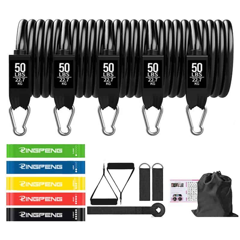 Heavy-duty resistance bands with handles for strength training and crossfit workouts, includes door anchor, ankle straps, carrying bag, and exercise instructions, suitable for fitness at Monalisa Store.