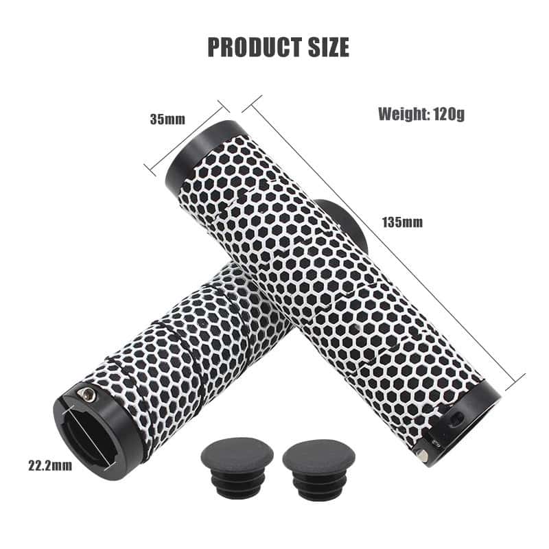 Hydrophobic bicycle grips with honeycomb pattern, compatible with various handlebar sizes, includes bar ends and plugs, durable rubber material, ideal for comfort and grip enhancement during rides.