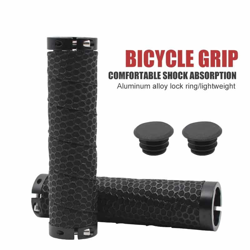 Bicycle grip with shock absorption, lightweight aluminum lock ring, and durable honeycomb textured rubber for comfortable riding.