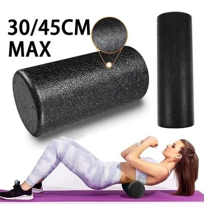 High-density foam roller for muscle recovery and stretching, black 30/45cm max size for fitness and physiotherapy use, professional-grade muscle roller for sports injuries and relaxation.