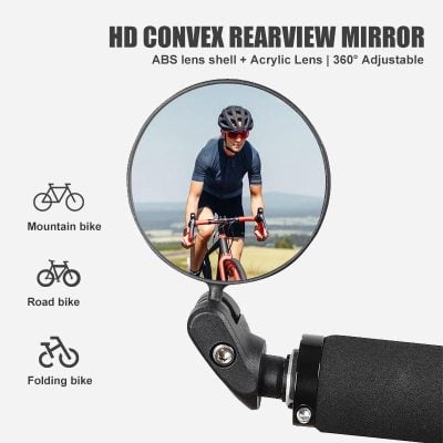 HD convex rearview mirror for cycling, mounted on handlebar, adjustable 360°, with ABS lens shell and acrylic lens, suitable for mountain, road, and folding bikes at Monalisa Store.