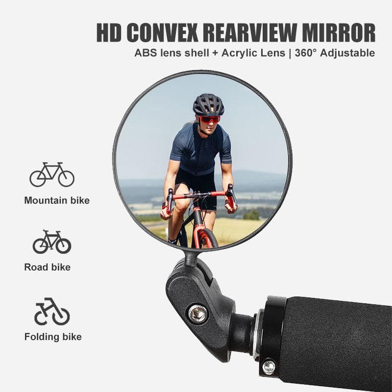 HD convex rearview mirror for cycling, mounted on handlebar, adjustable 360°, with ABS lens shell and acrylic lens, suitable for mountain, road, and folding bikes at Monalisa Store.