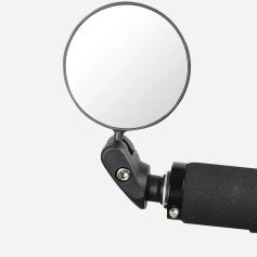 Aviation-style rearview mirror attached to a motorcycle handlebar, designed for safety and visibility while riding.