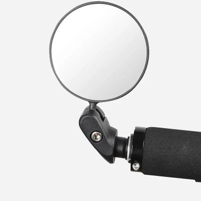 Aviation-style rearview mirror attached to a motorcycle handlebar, designed for safety and visibility while riding.
