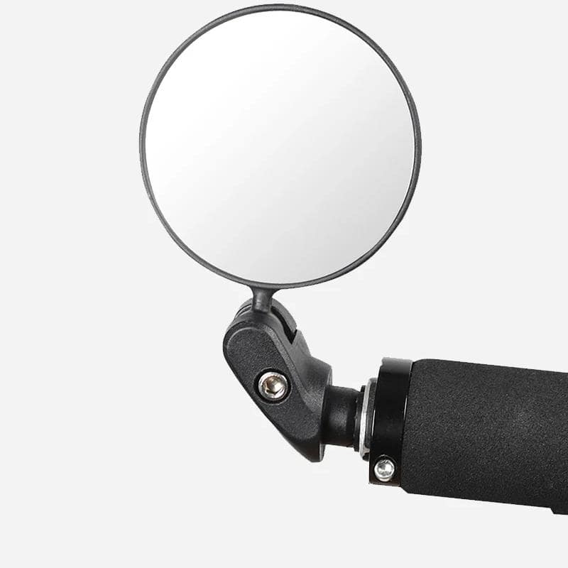 Aviation-style rearview mirror attached to a motorcycle handlebar, designed for safety and visibility while riding.