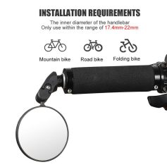 Acrylic mirror attached to a bike handlebar, suitable for mountain, road, and folding bikes. Perfect for cycling safety and visibility enhancements. Ideal for bicycle accessories and bike safety gear.
