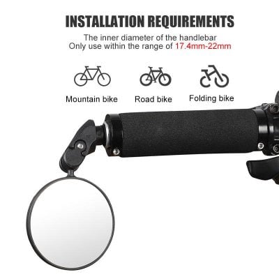 Acrylic mirror attached to a bike handlebar, suitable for mountain, road, and folding bikes. Perfect for cycling safety and visibility enhancements. Ideal for bicycle accessories and bike safety gear.