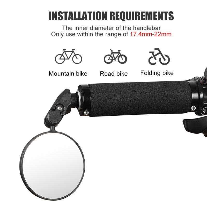 Acrylic mirror attached to a bike handlebar, suitable for mountain, road, and folding bikes. Perfect for cycling safety and visibility enhancements. Ideal for bicycle accessories and bike safety gear.