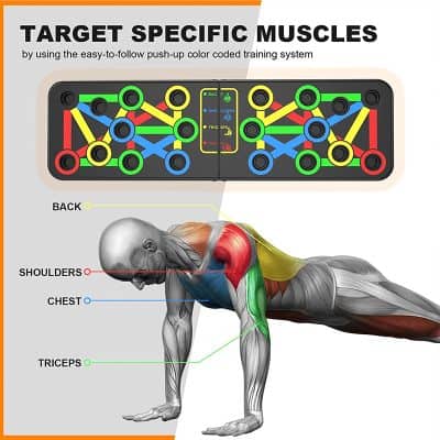 Vibrant push-up training game for targeting shoulder, chest, triceps muscle groups, with colorful pathways and LED indicators for fitness, strength training, muscle toning, and physical therapy.