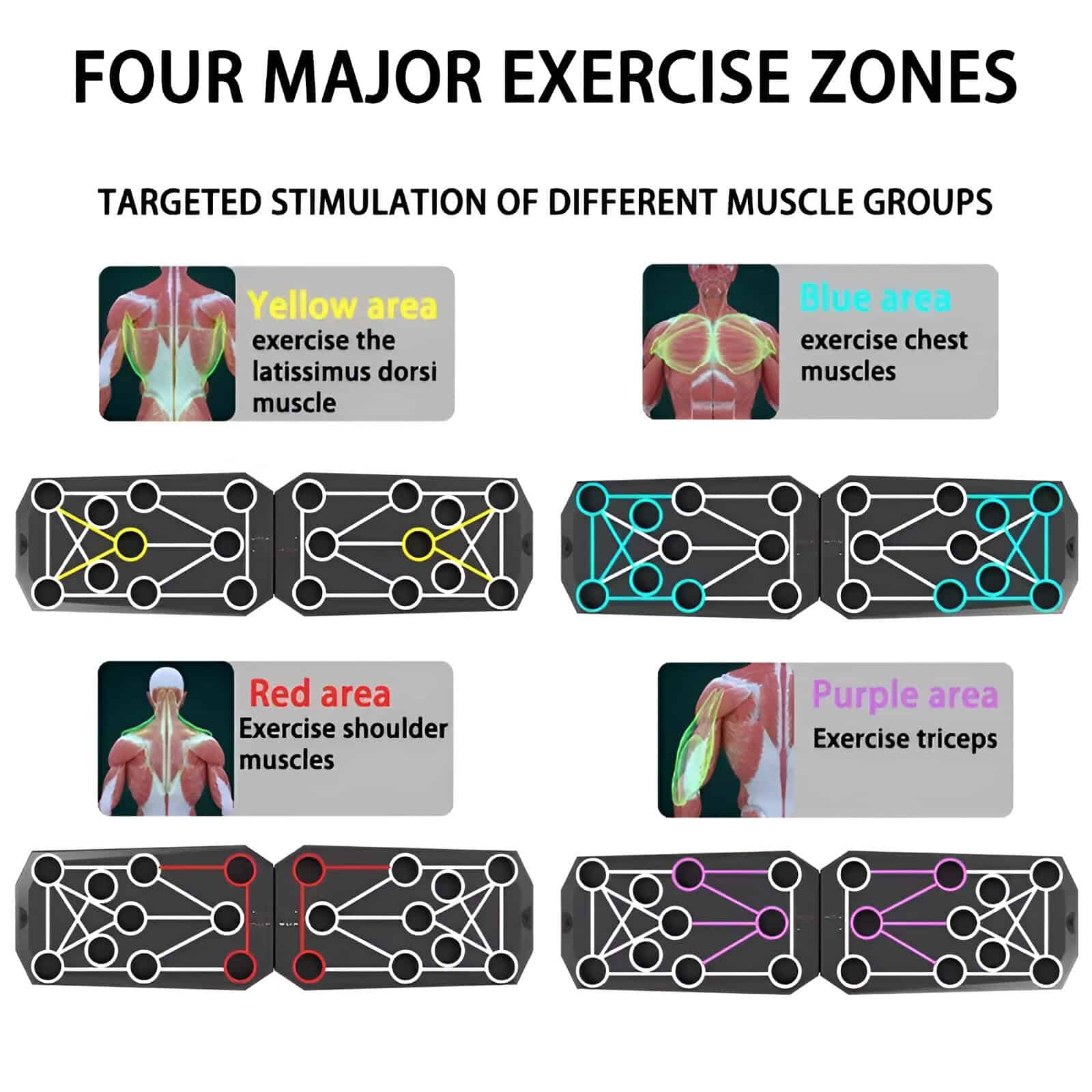 Exercise equipment with targeted stimulation zones for muscle groups, featuring color-coded interface for chest, shoulders, triceps, and latissimus dorsi muscles training on Monalisa Store site.