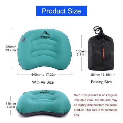 Inflatable travel pillow with air and folded sizes, soft neck support for comfort, ideal for trips, camping, and flights, includes carrying bag, lightweight and portable.