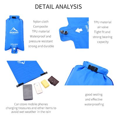 Waterproof inflatable dry bag with nylon and TPU material, strong seal, and leak-proof design for outdoor activities and travel.