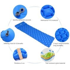 Blue inflatable sleeping pad with waterproof TPU material, 2-layer construction, quick deflation, and tear-resistant nylon, ideal for camping and outdoor adventures.