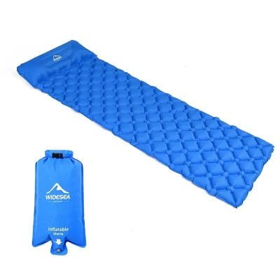 Blue inflatable sleeping pad for camping and outdoor activities, lightweight and portable camping mattress, waterproof sleeping mattress for travel, backpacking, and hiking, Monalisa Store outdoor gear.