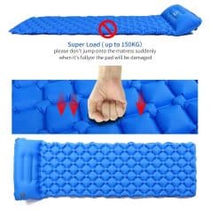 Comfortable blue inflatable mattress with durable design for outdoor and camping use, supports up to 150kg, with a built-in pillow, ideal for travel and relaxation.