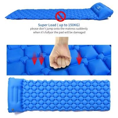 Comfortable blue inflatable mattress with durable design for outdoor and camping use, supports up to 150kg, with a built-in pillow, ideal for travel and relaxation.