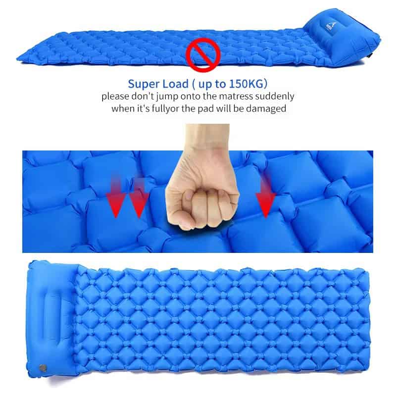 Comfortable blue inflatable mattress with durable design for outdoor and camping use, supports up to 150kg, with a built-in pillow, ideal for travel and relaxation.