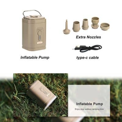 Inflatable Pump for outdoor camping, portable air pump for tents and inflatable products, easy to use with extra nozzles and Type-C cable for quick charging.